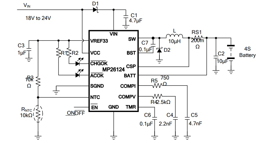 Application Circuit Diagram - Monolithic Power Systems (MPS) MP26124 4S Cell Li-Ion Battery Chargers Application Circuit Diagram - Monolithic Power Systems (MPS) MP26124 4S Cell Li-Ion Battery Chargers