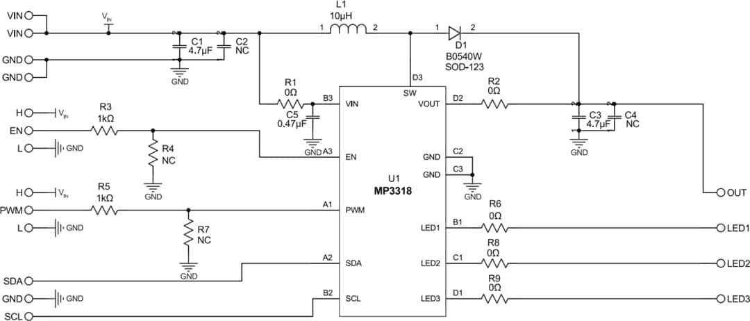 Schematic - Monolithic Power Systems (MPS) EV3318-C-00A Evaluation Board Schematic - Monolithic Power Systems (MPS) EV3318-C-00A Evaluation Board