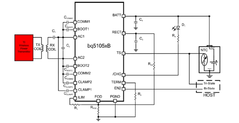 Typical System Block showing bq5105x used as a wireless Power Li-Ion/Li-Pol battery
charger